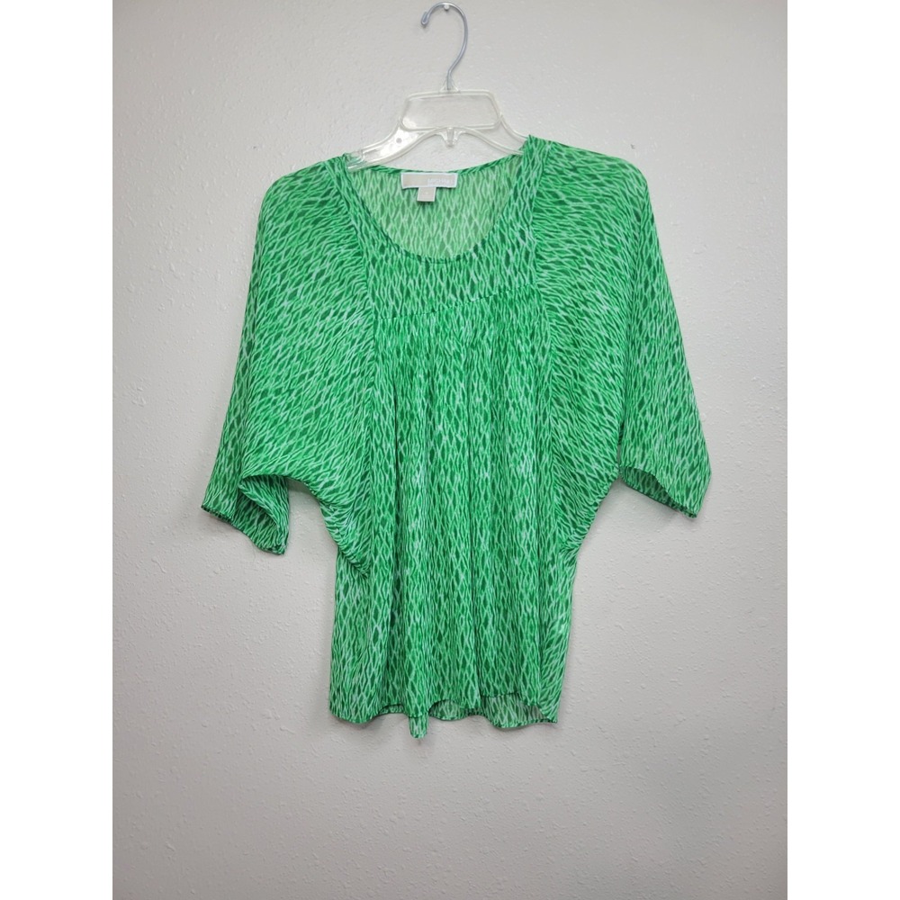 MICHAEL Michael Kors Pleated Flowy Blouse Green White Diamond Pattern Size S